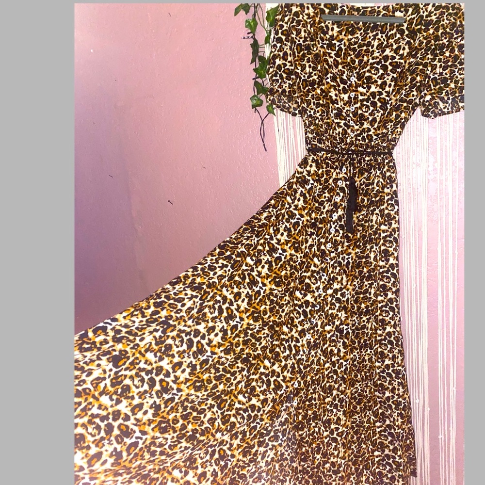 Button Up leopard Party Split Flowy Maxi Dress